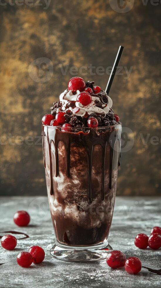 Indulging in a rich chocolate sundae topped with cherries and whipped cream at a cozy cafe photo