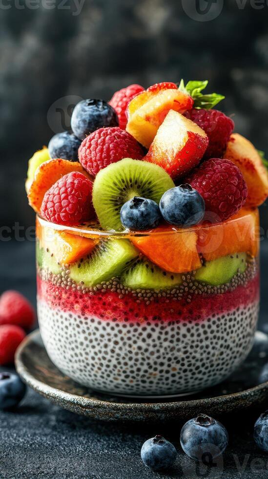 Colorful fruit and chia seed parfait layered in a clear glass dish with vibrant toppings photo