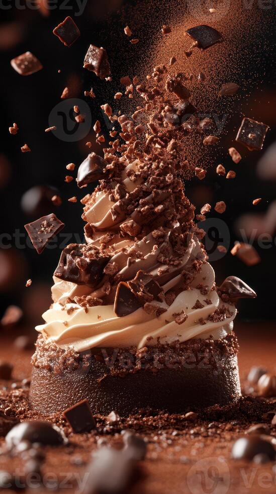 Chocolate dessert with rich toppings and sprinkles of cocoa on a wooden table creating a delightful moment photo