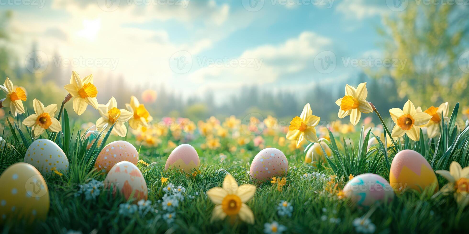 Colorful Easter eggs surrounded by blooming daffodils in a sunny meadow during spring photo