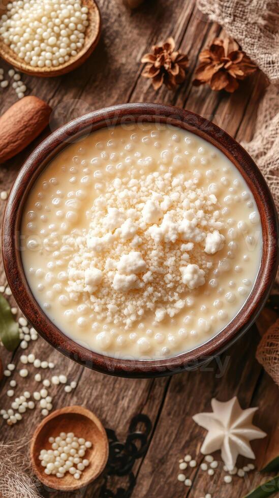 Delicious bowl of creamy tapioca pudding topped with coconut on a rustic wooden table with nuts and spices photo