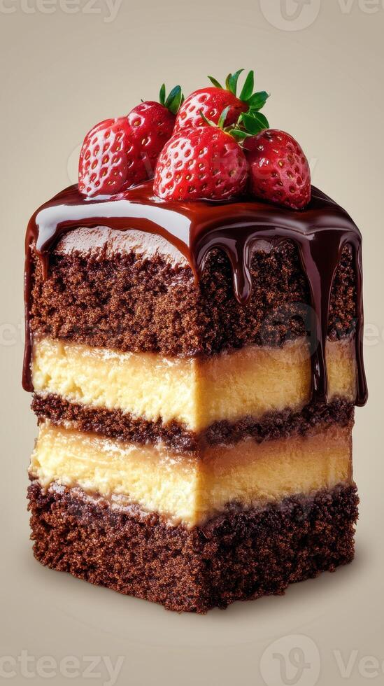 Delicious chocolate cake with cream and strawberries on top served as a sweet treat for dessert photo