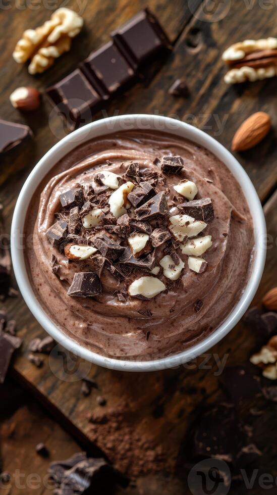 Creamy chocolate mousse topped with chopped nuts and dark chocolate pieces resting on a rustic wooden table photo