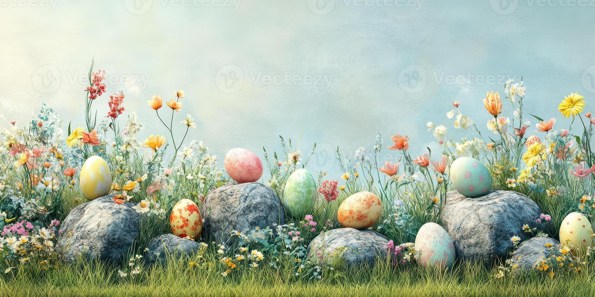 Colorful Easter eggs placed among rocks and flowers in a serene spring landscape filled with blooming flora photo