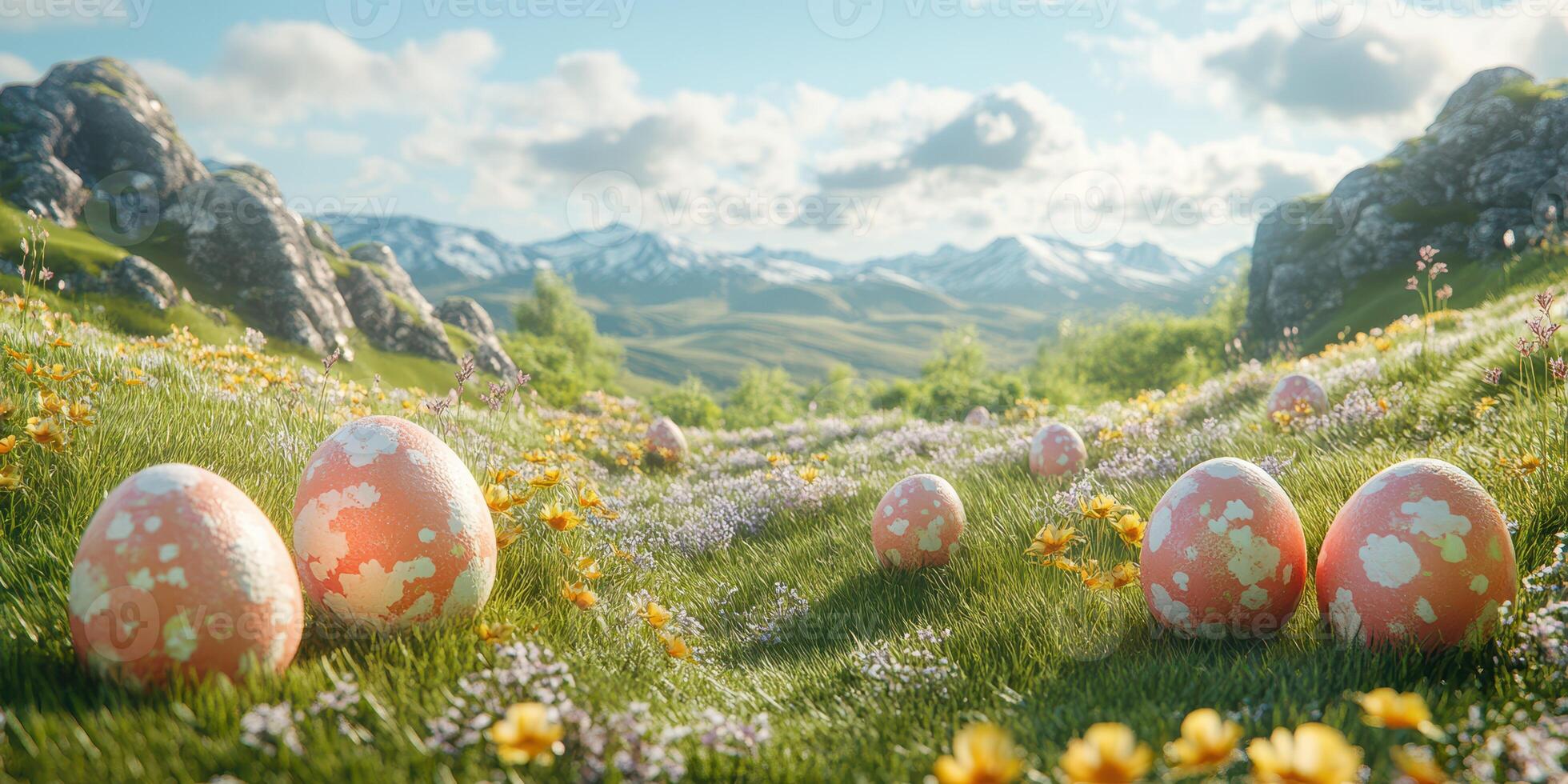 Colorful decorative eggs scattered in a vibrant meadow surrounded by mountains on a sunny day photo
