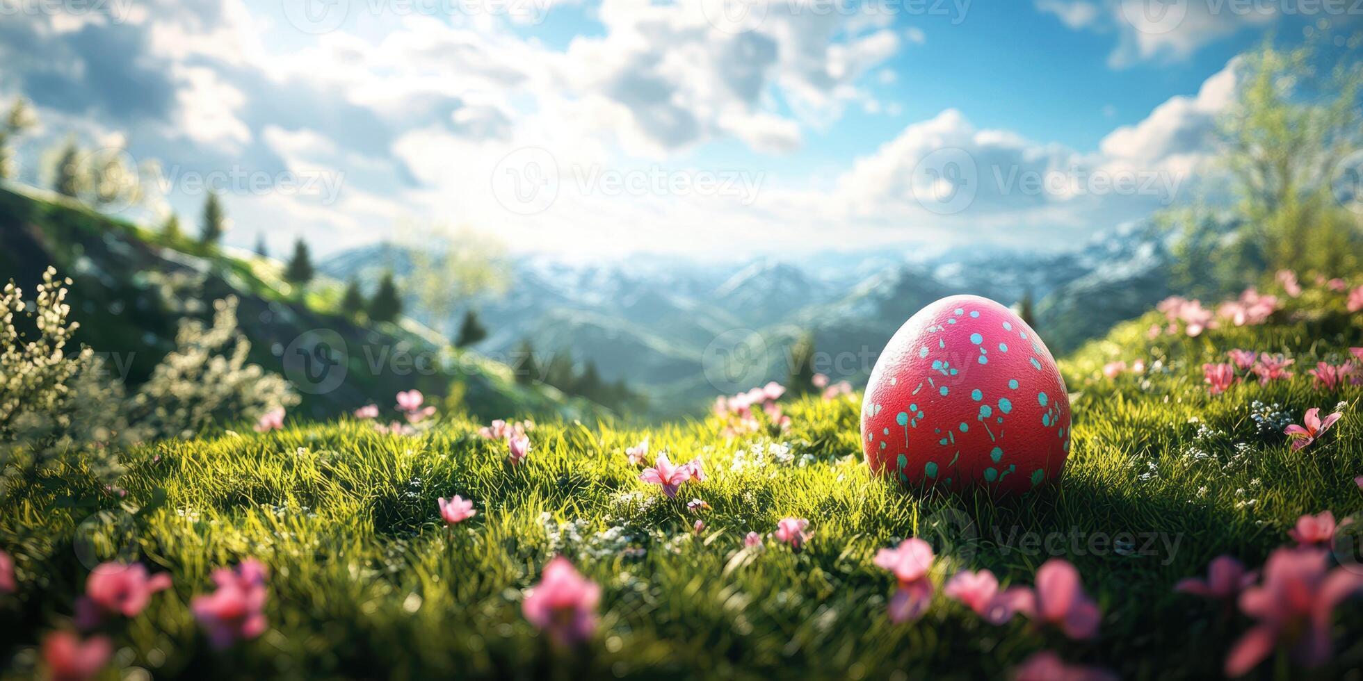 Brightly colored Easter egg resting on vibrant grass surrounded by flowers and mountains under a sunny sky photo