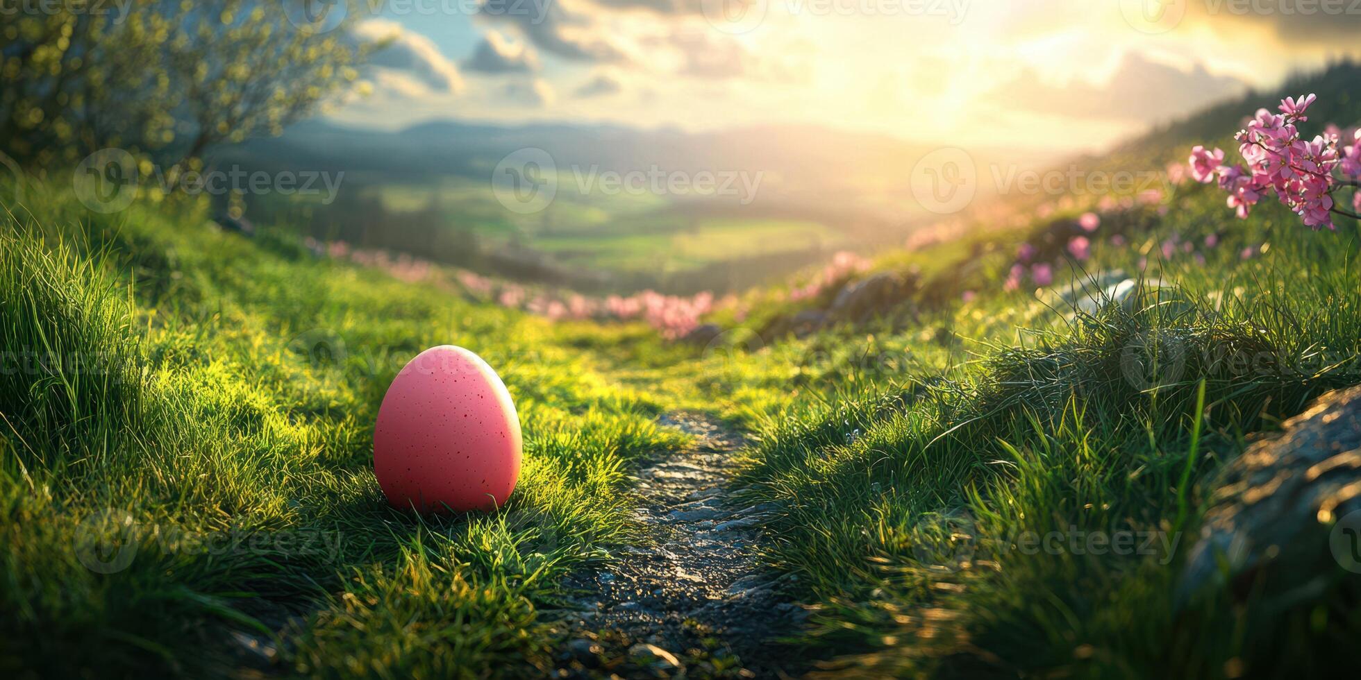 Colorful pink egg nestled in green grass under a cloudy sky during sunset in a serene landscape photo