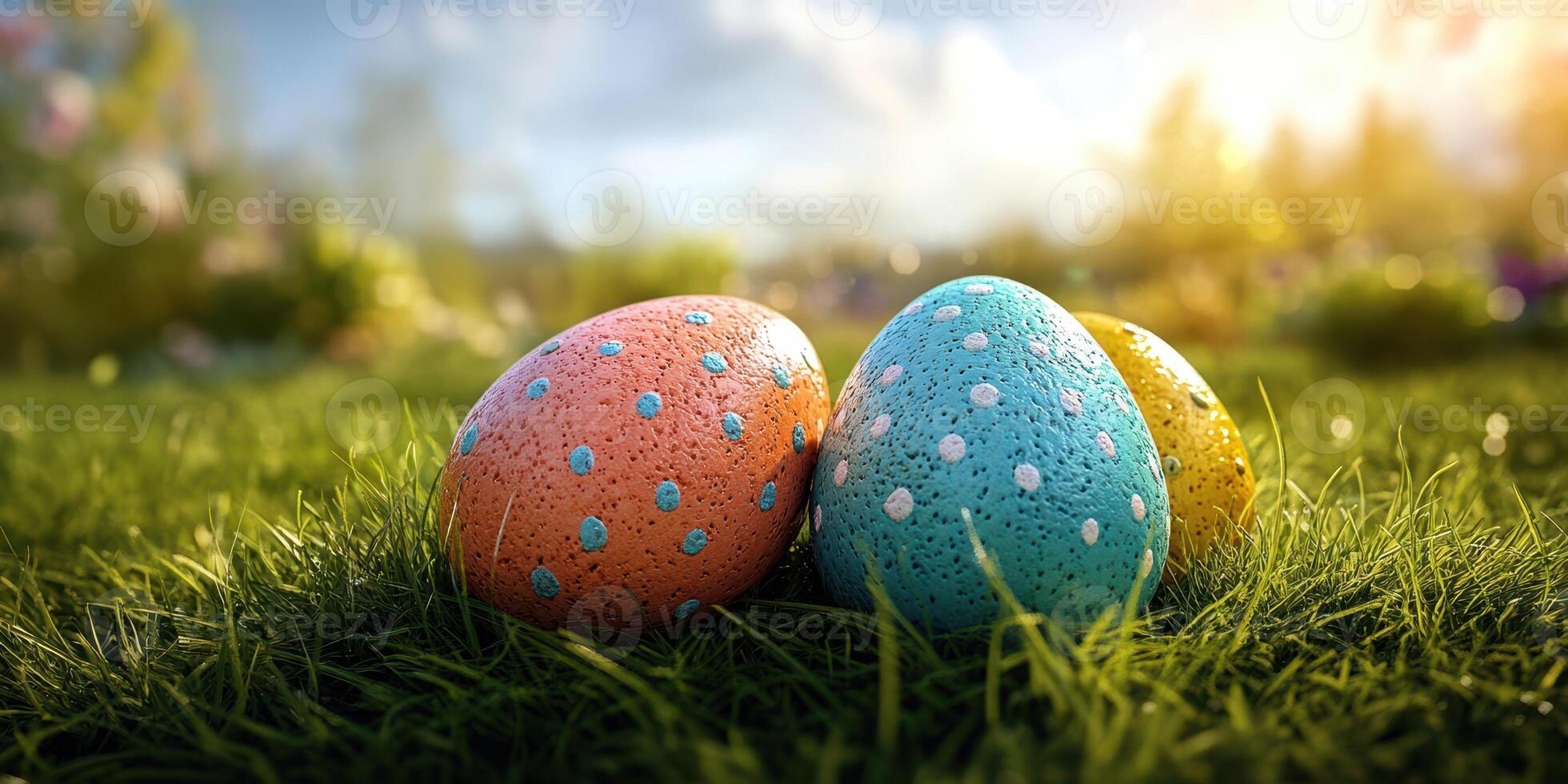 Colorful Easter eggs resting on vibrant green grass under a sunny sky in a cheerful spring setting photo
