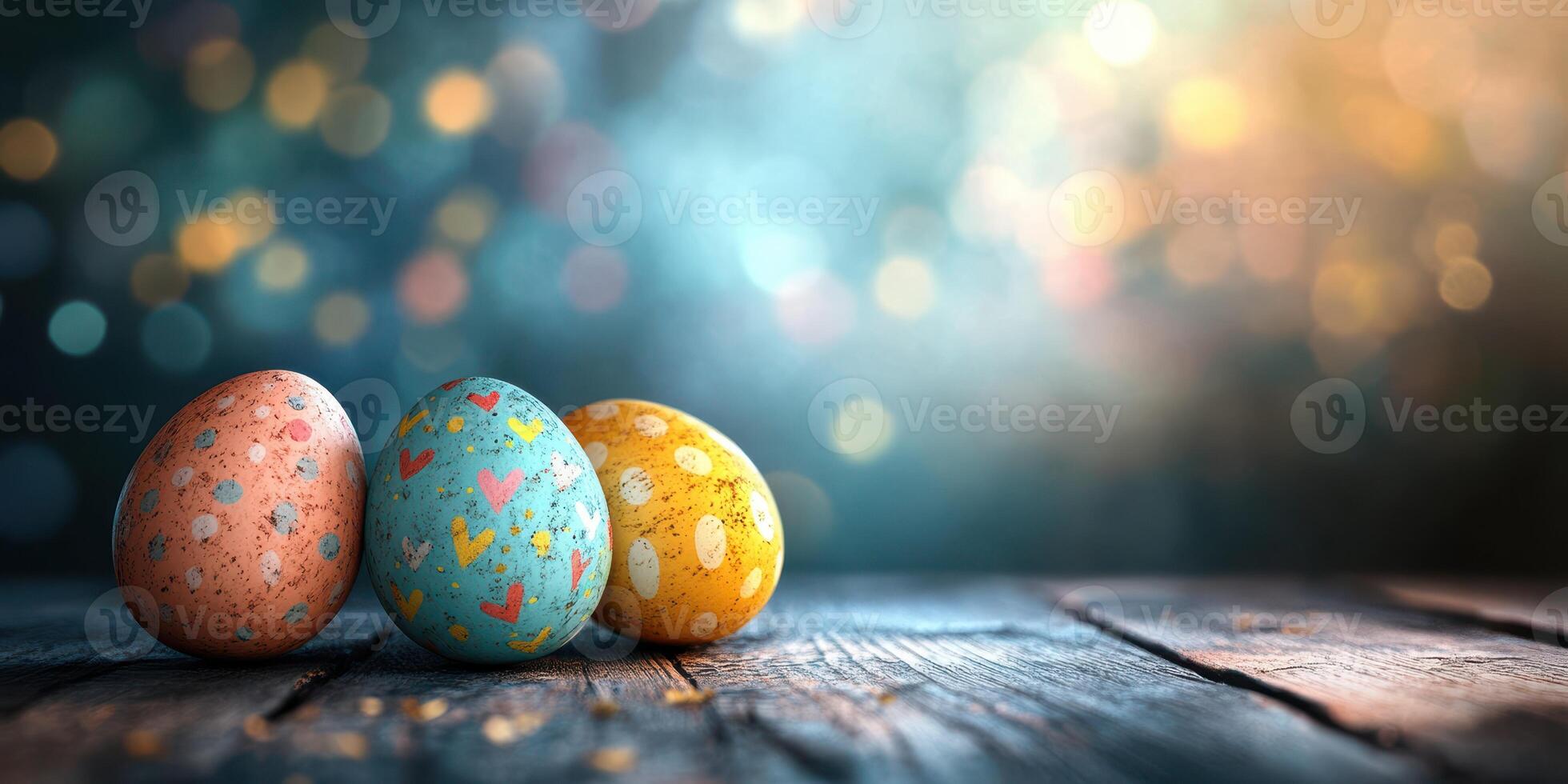 Colorful decorative eggs on a wooden surface with a blurred background of soft lights photo