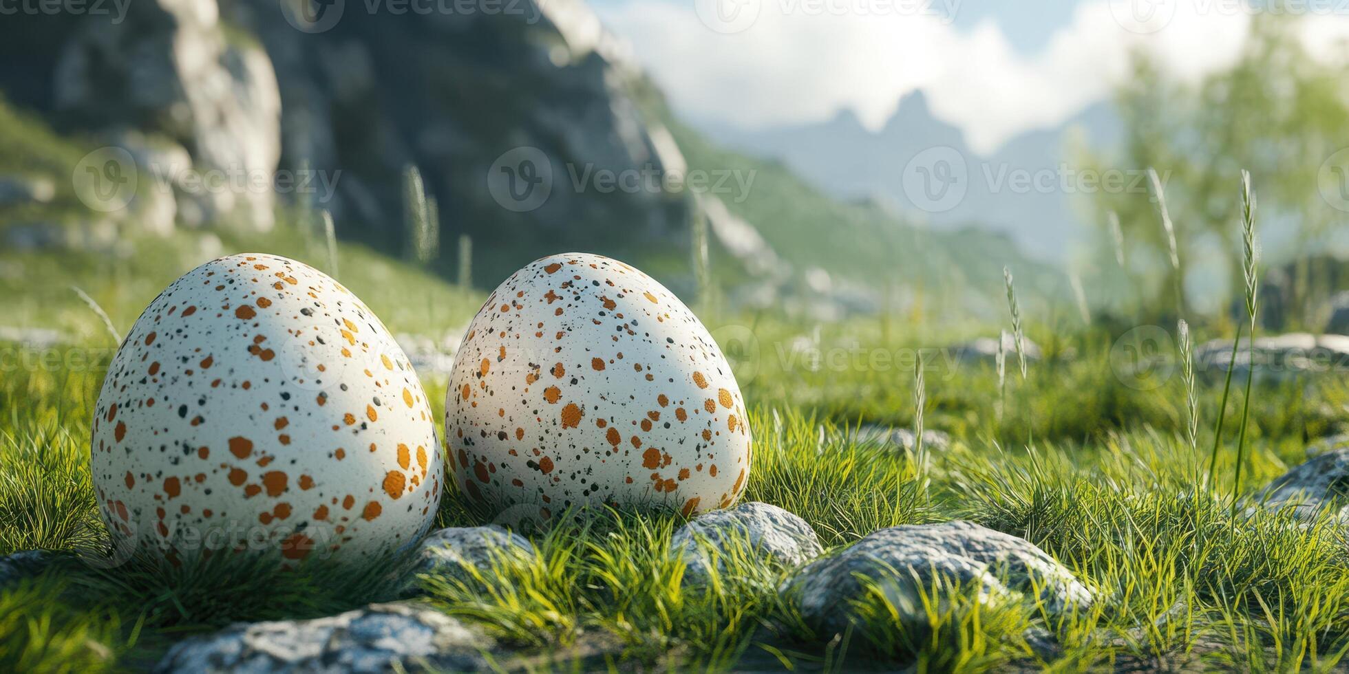 Two speckled eggs resting on mossy stones in a sunlit clearing surrounded by lush green mountains photo