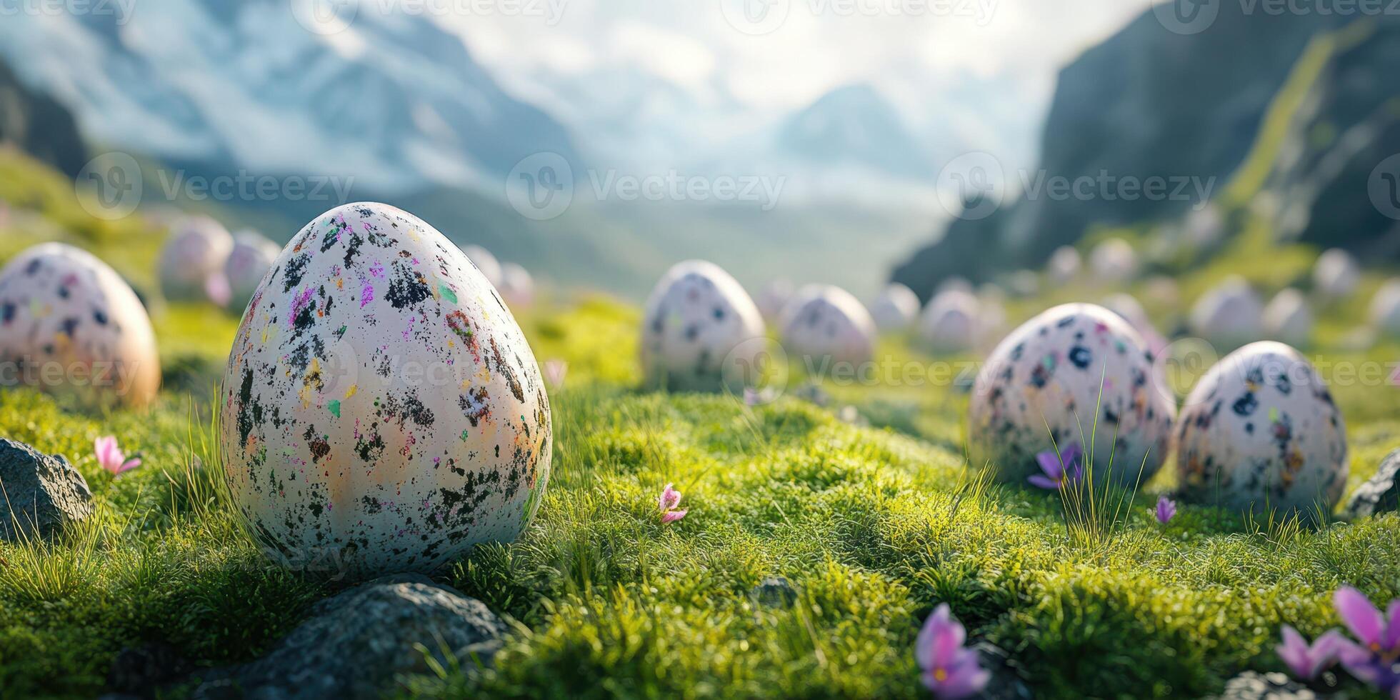Colorful speckled eggs scattered across a lush green meadow with mountains in the background during daylight photo