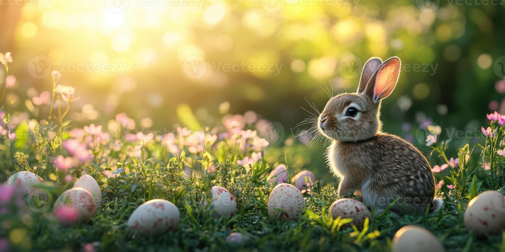 Cute rabbit sitting among colorful eggs in a meadow during spring at golden hour light photo