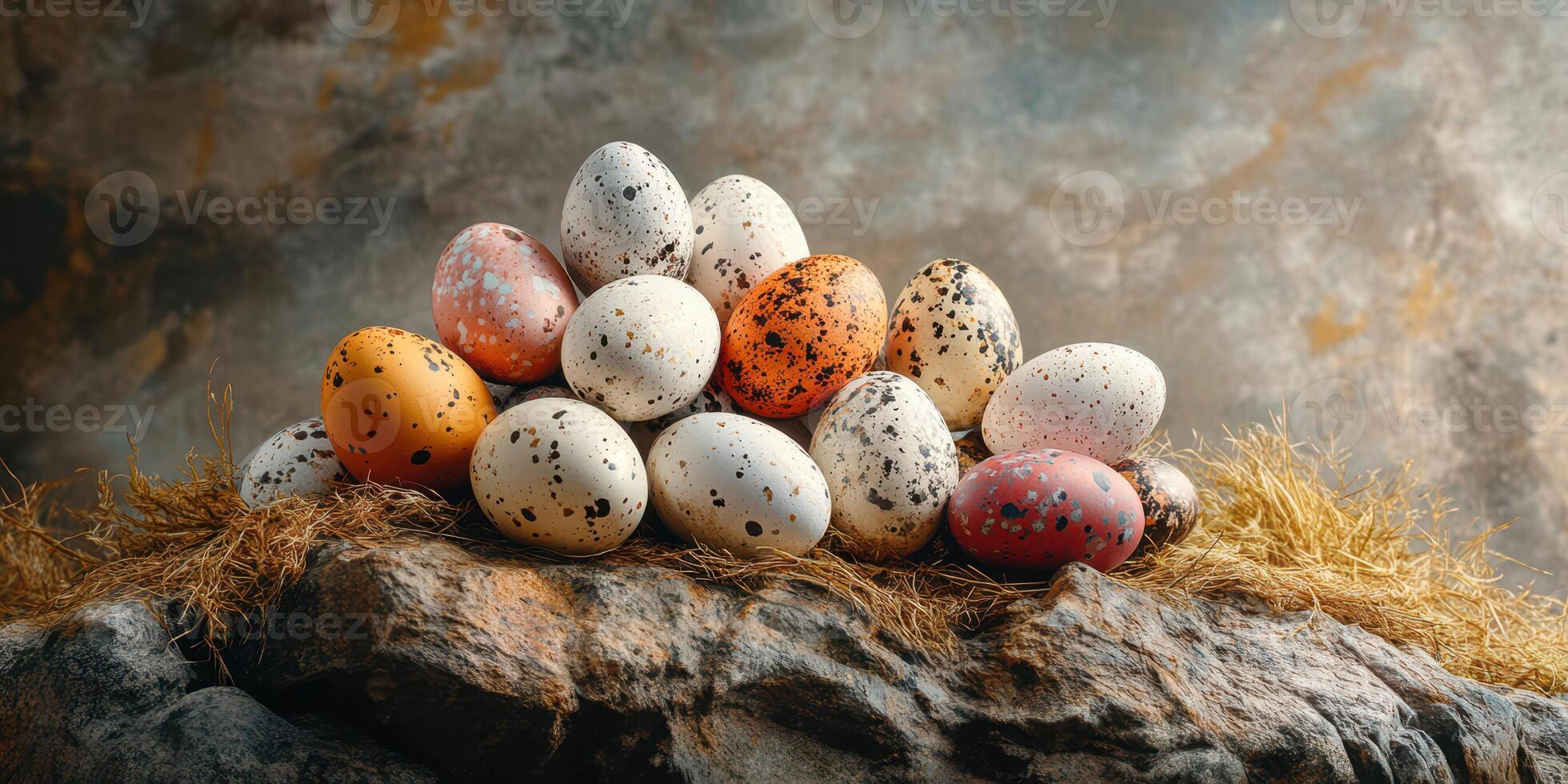 Colorful speckled eggs arranged on a rocky surface with natural elements in warm lighting photo
