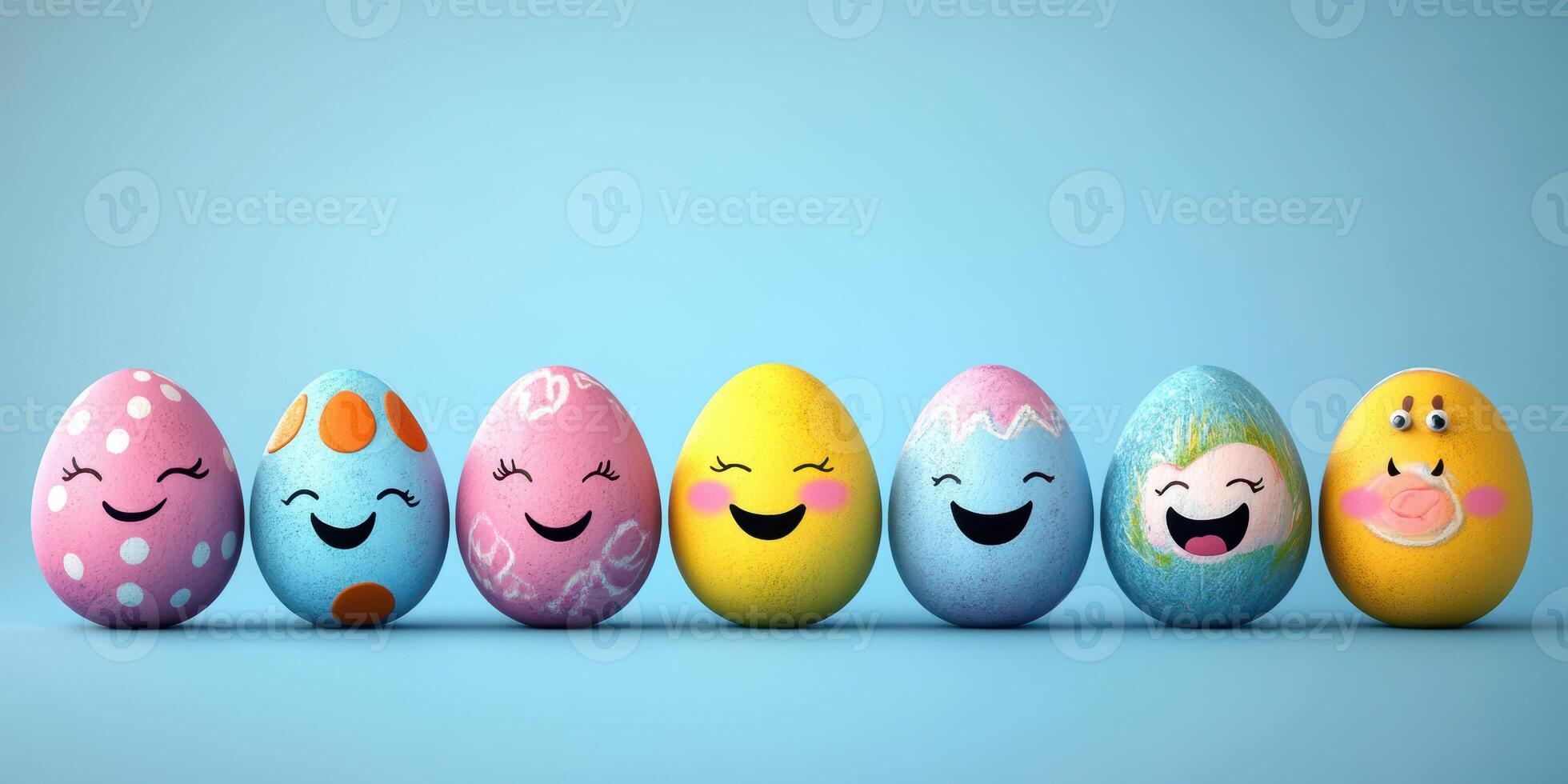 Colorful Easter eggs with cheerful faces displayed on a blue background during spring festivities photo