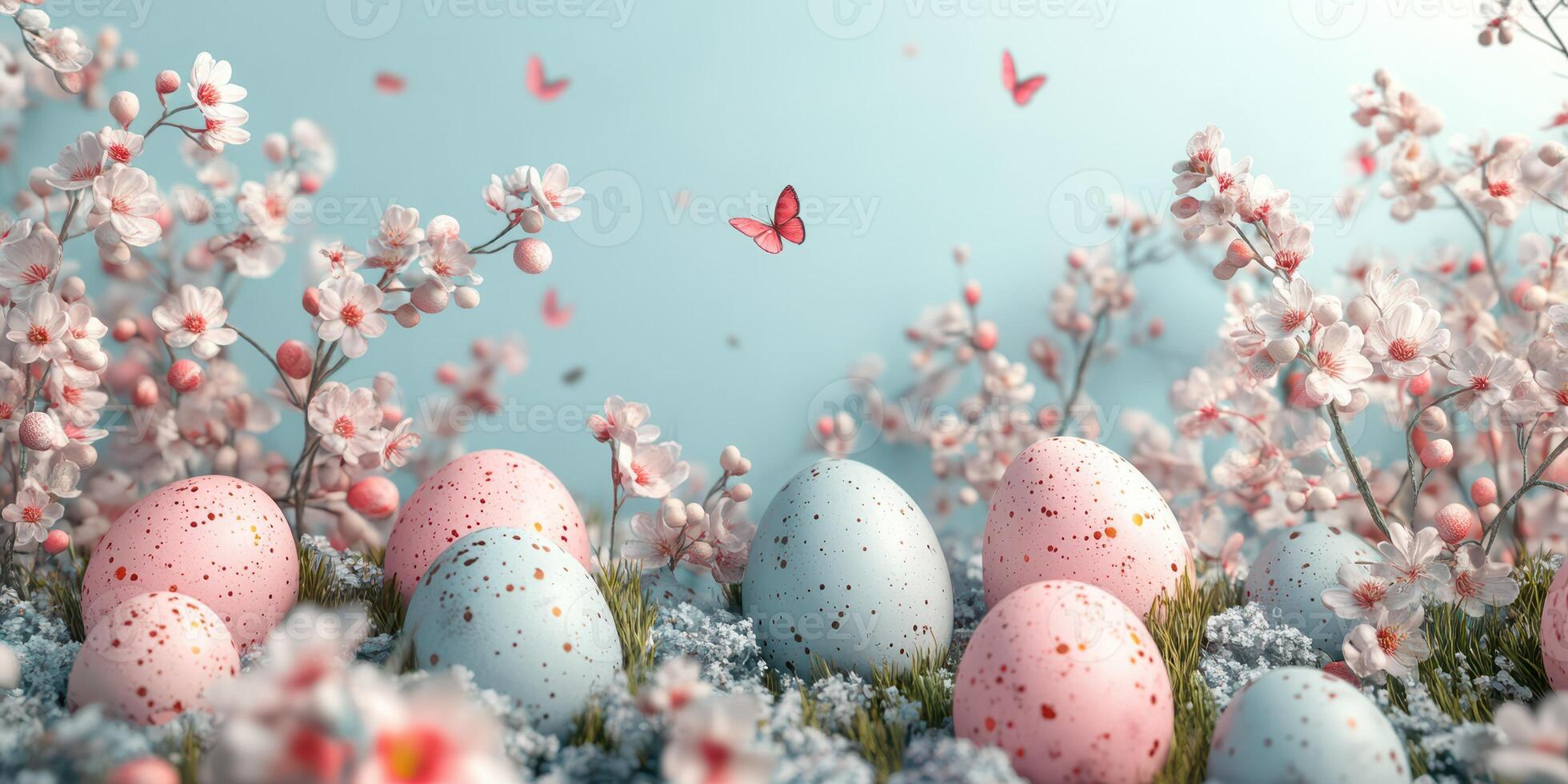 Colorful Easter eggs nestled among blooming cherry blossoms and fluttering butterflies in a serene spring setting photo