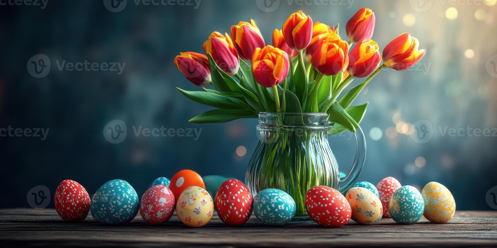 Colorful tulips and decorative eggs create a festive atmosphere for spring celebrations photo