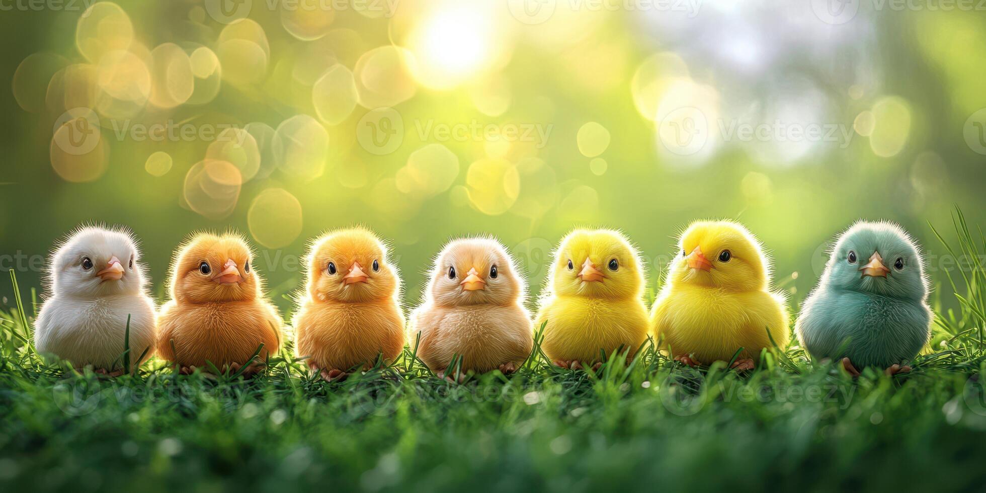 Colorful chicks line up in a sunny garden setting, showcasing bright feathers and playful expressions photo