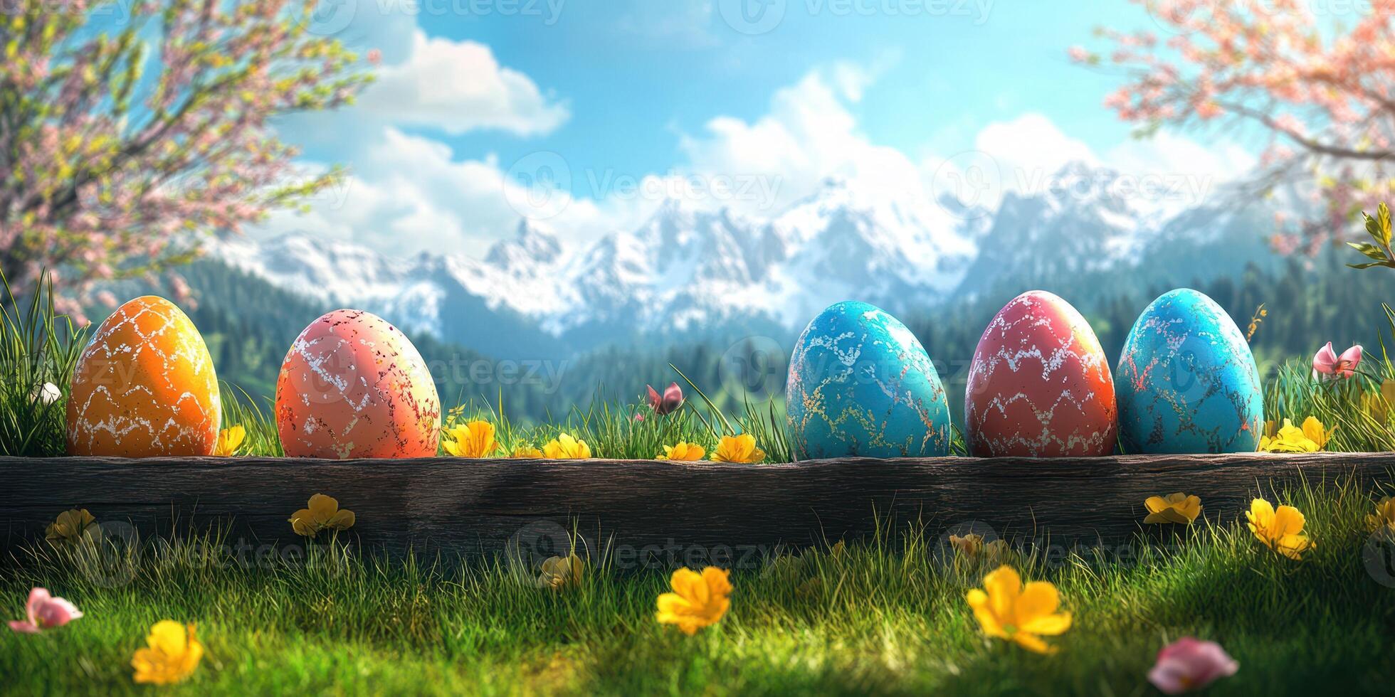 Colorful decorated eggs rest on a wooden log in a vibrant meadow surrounded by mountains on a sunny spring day photo