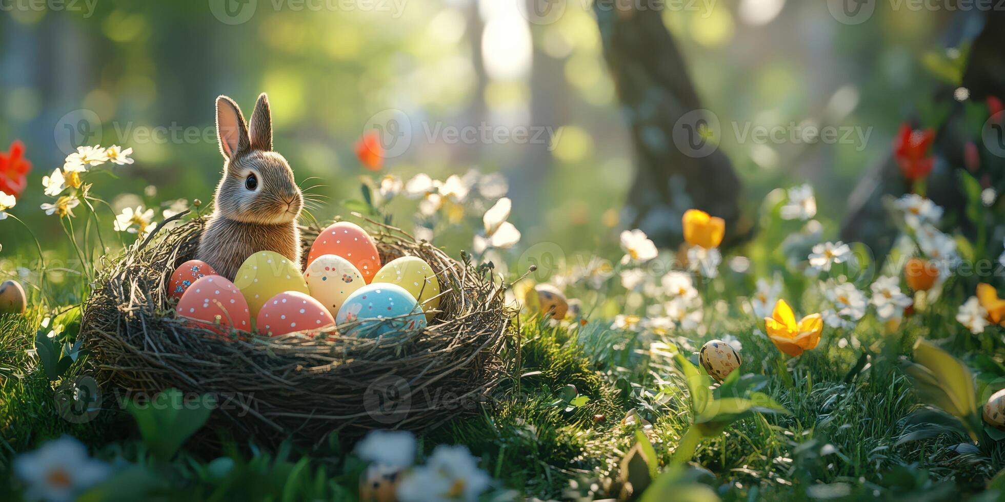 Rabbit in a nest surrounded by colorful Easter eggs and blooming flowers in a sunny forest photo