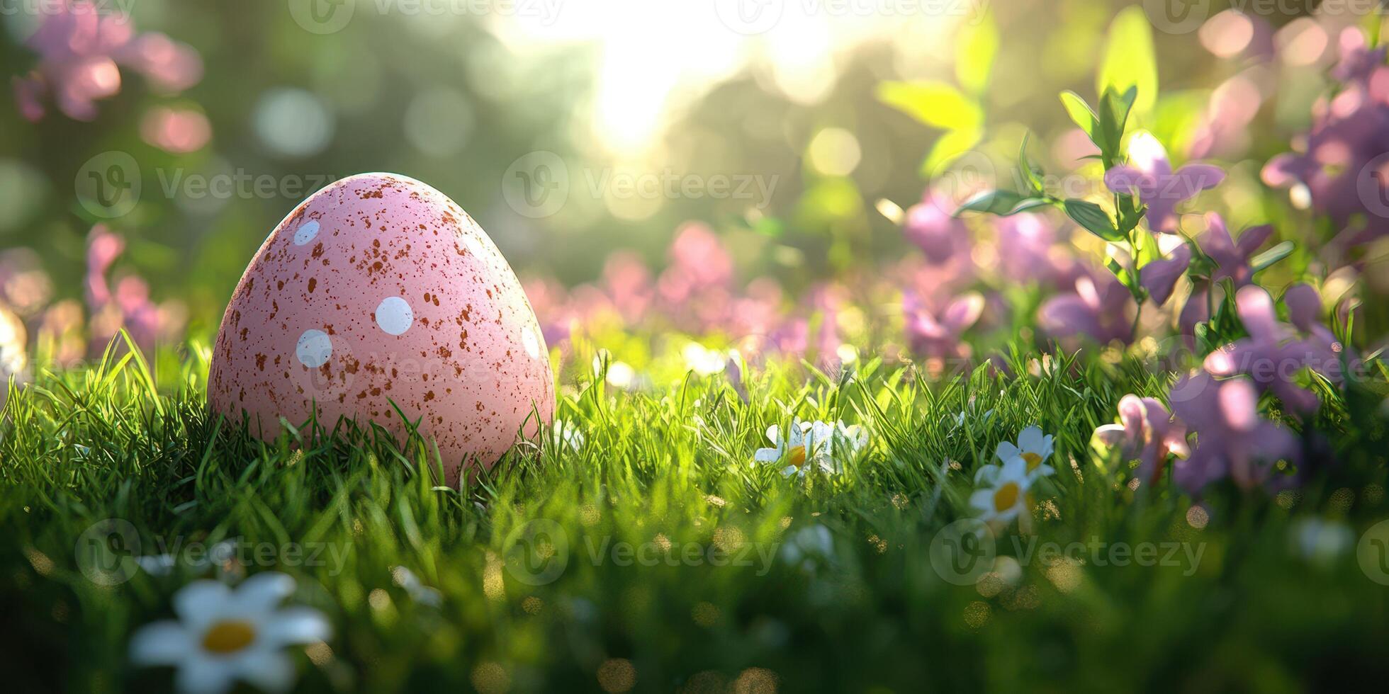 Colorful easter egg nestled among blooming flowers and lush grass in a serene garden setting photo