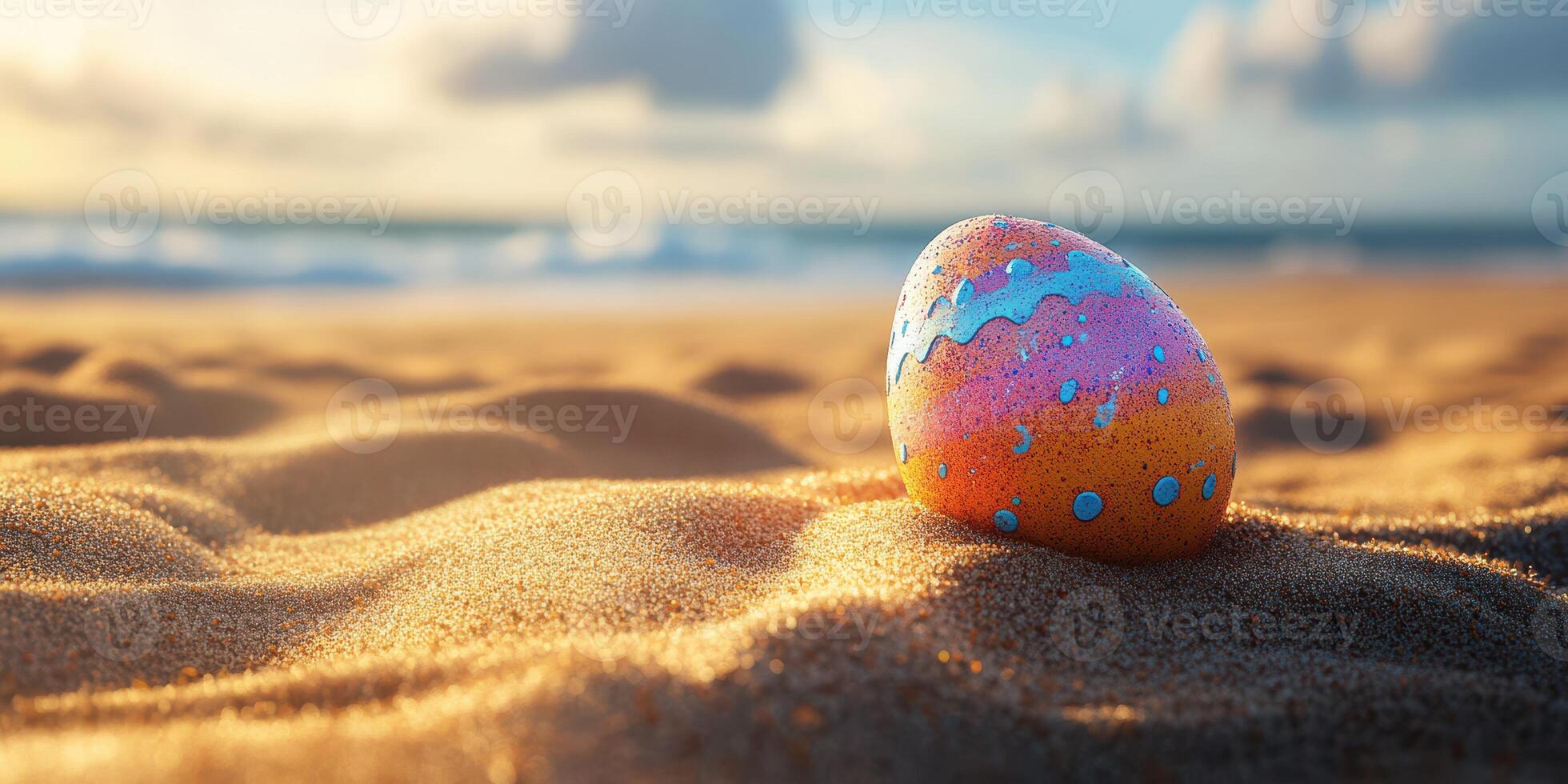 Colorful decorative egg rests on sandy beach near ocean during sunset with soft waves lapping ashore photo