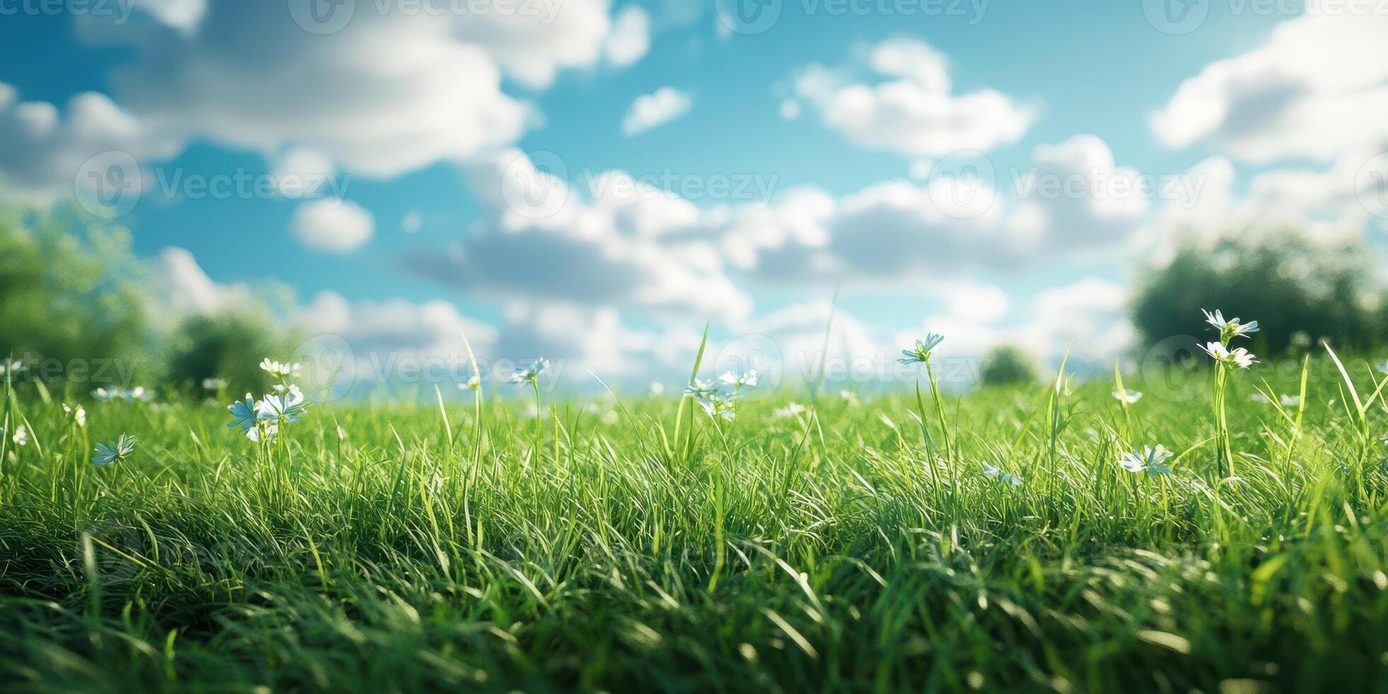 Lush green meadow under a bright blue sky with fluffy clouds, showcasing flowers in full bloom on a sunny day photo