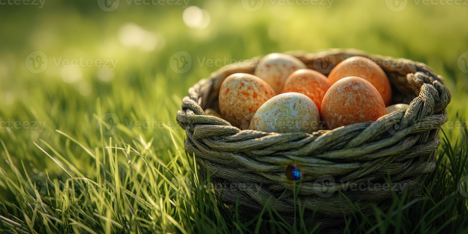 Colorful eggs nestled in a woven basket resting on green grass in a sunny outdoor setting during springtime photo