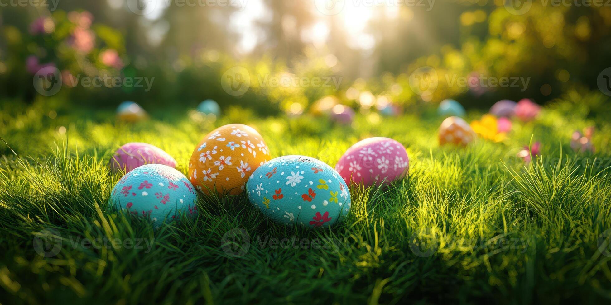 Colorful eggs scattered on lush green grass during a sunny spring day in a vibrant garden setting photo