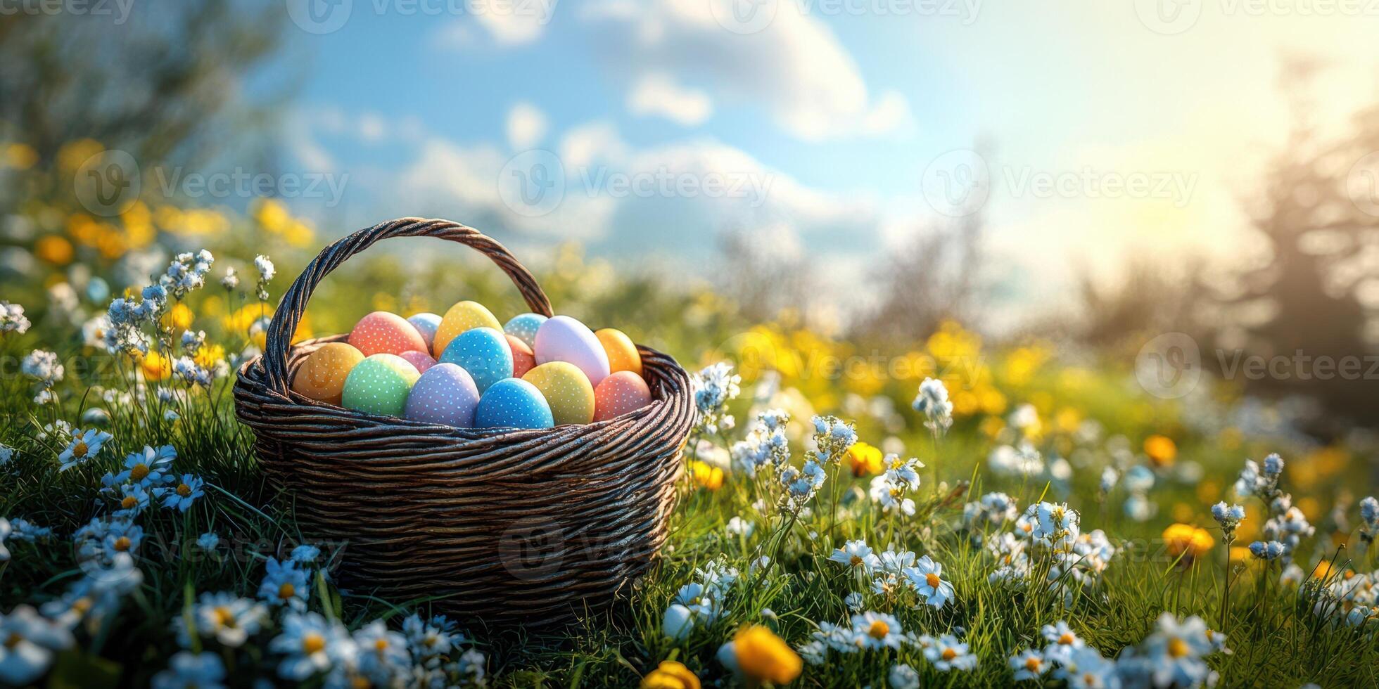 Colorful easter eggs in woven basket on lush green grass surrounded by wildflowers under a bright sky photo