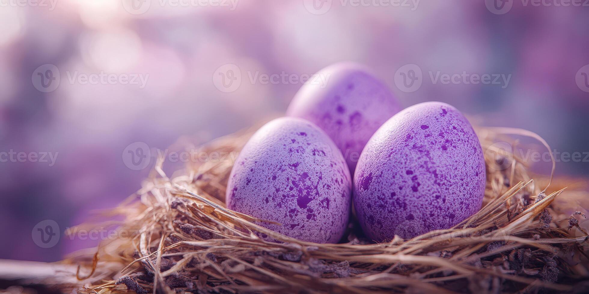 Nest filled with three purple speckled eggs surrounded by straw and soft light creates a serene and whimsical atmosphere photo