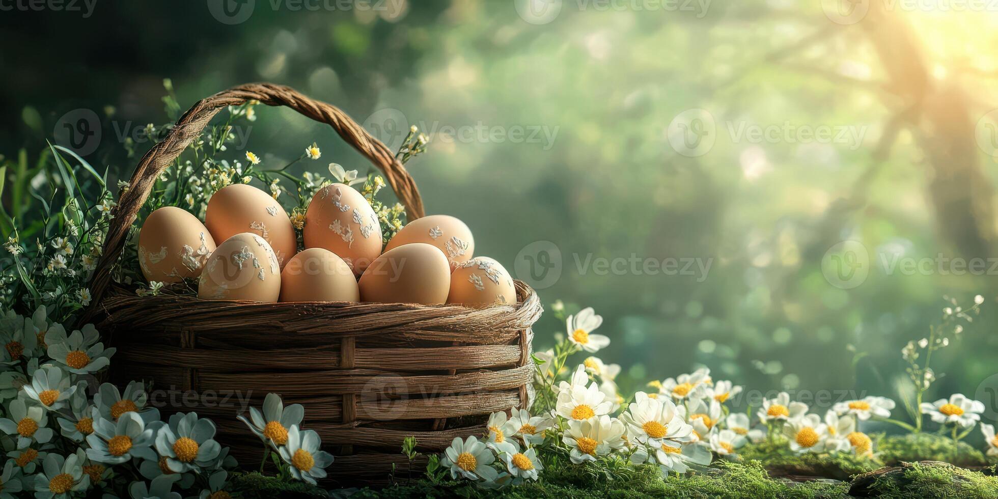 Freshly decorated eggs in a woven basket among flowers in a sunny forest setting during springtime photo