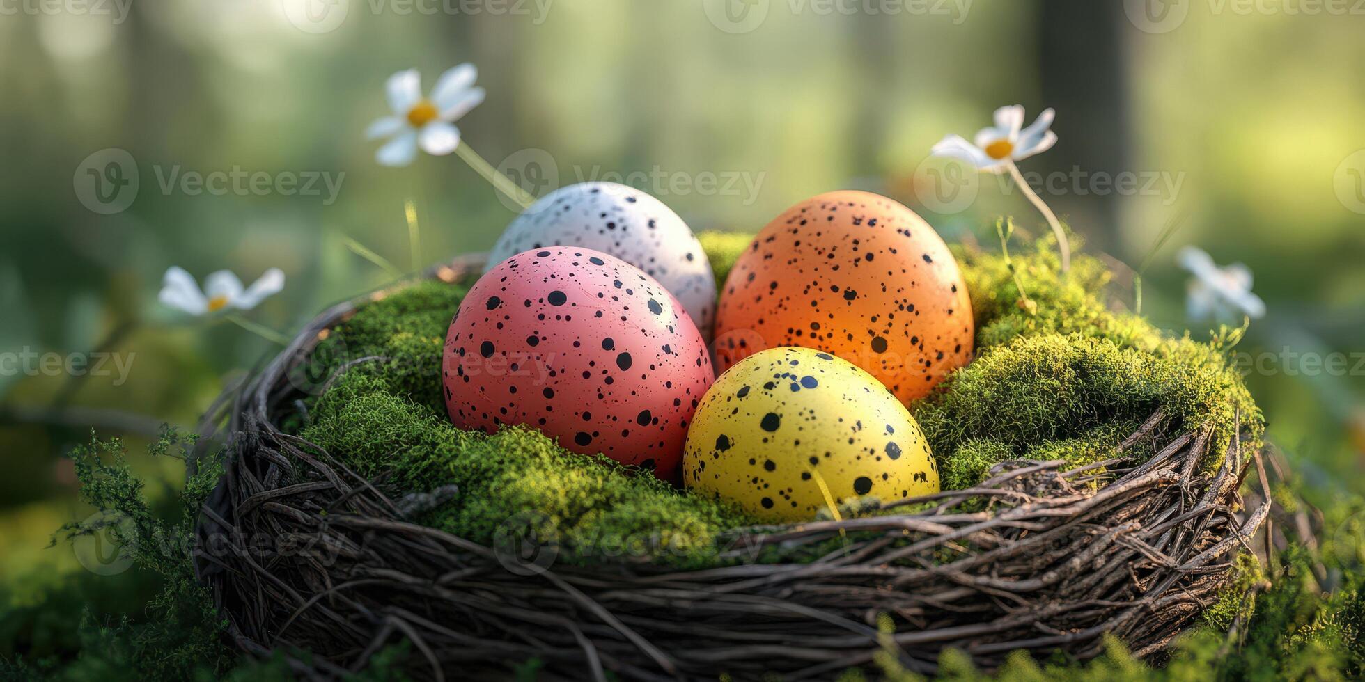 Colorful speckled eggs nestled in a natural nest surrounded by lush greenery and delicate flowers in the early morning light photo