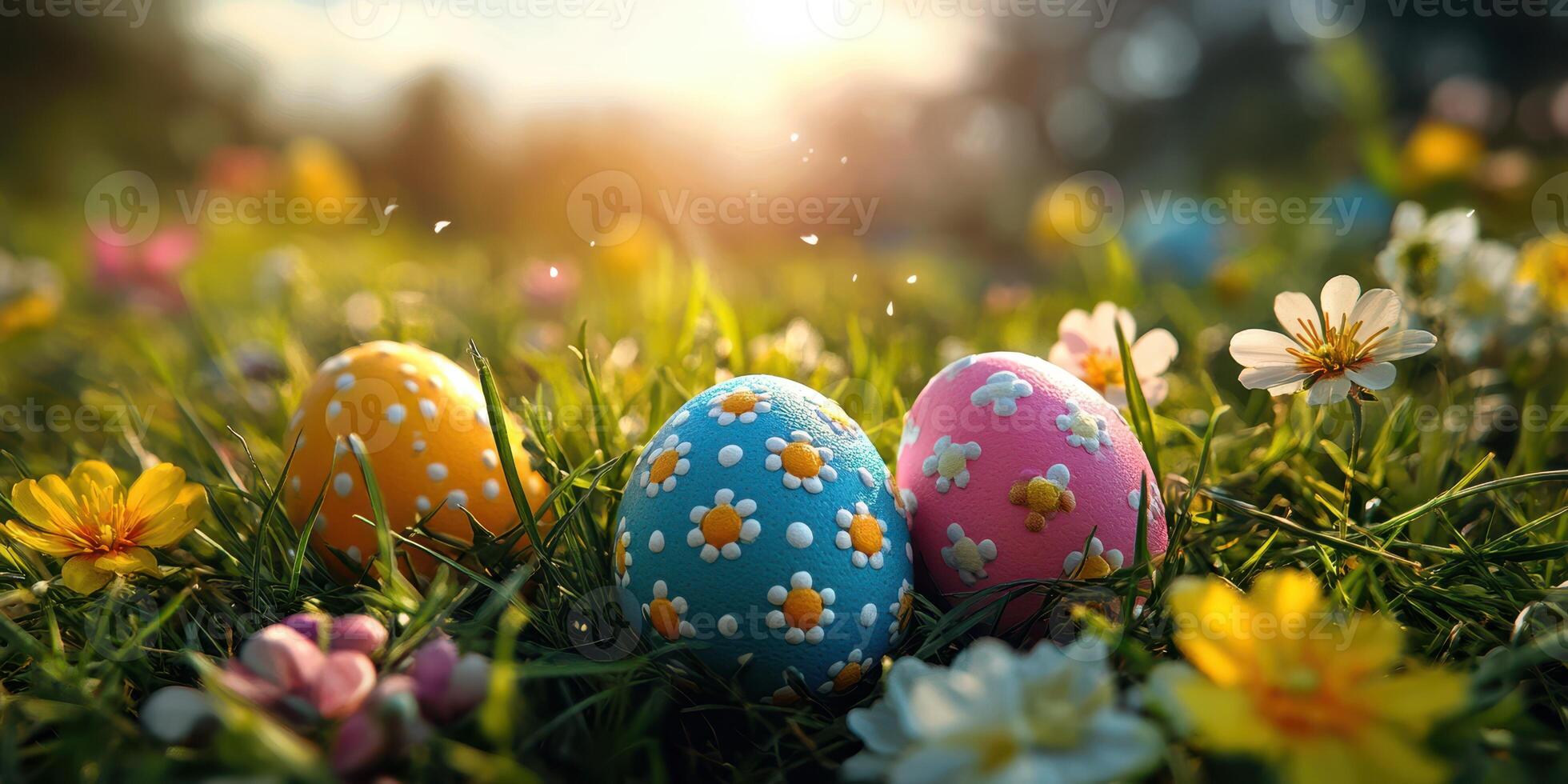 Brightly colored eggs hidden among flowers in a sunny spring meadow with soft sunlight illuminating the scene photo