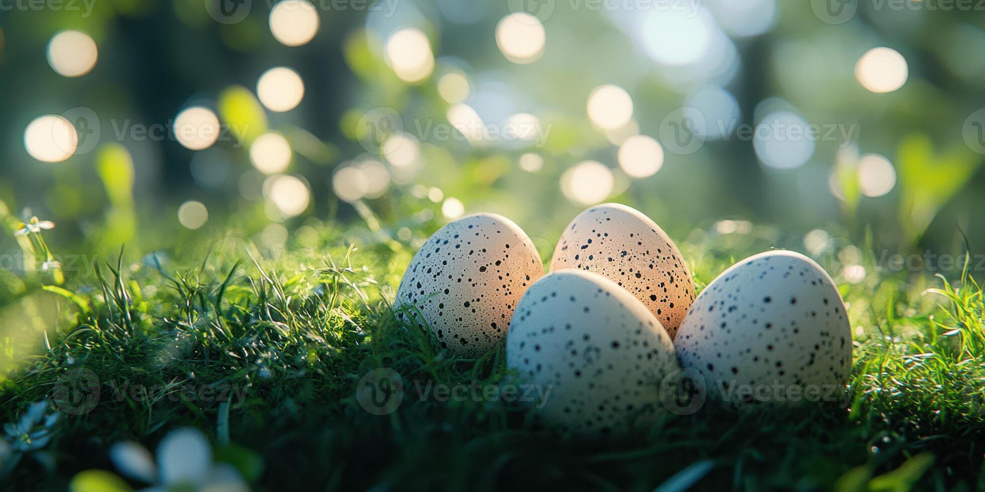 Colorful speckled eggs resting on fresh green grass with gentle sunlight filtering through the trees in a serene spring setting photo