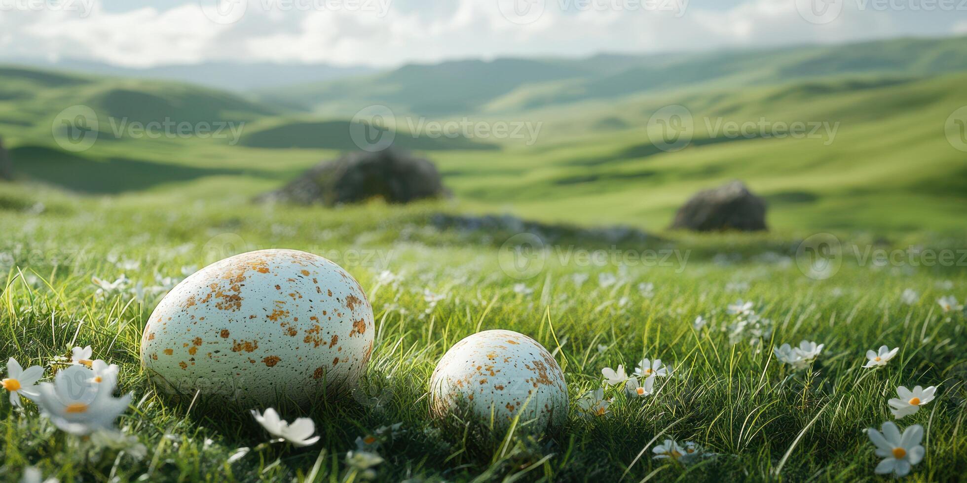 Large and small speckled eggs resting on a vibrant green meadow surrounded by wildflowers in a serene landscape photo