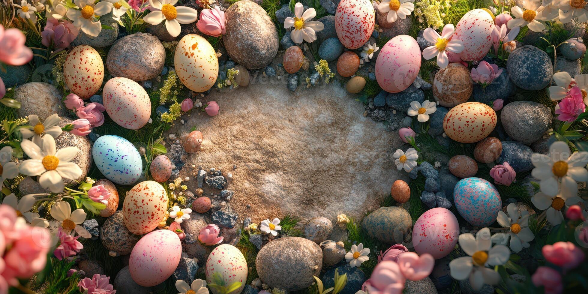 Colorful Easter eggs surrounded by stones and flowers in a spring garden setting photo