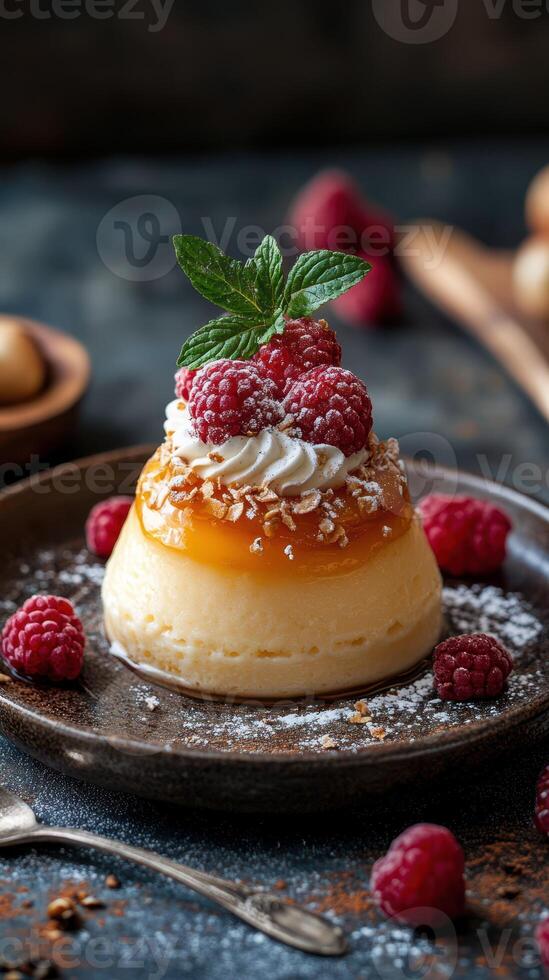 Delicious dessert features creamy flan topped with fresh raspberries and mint on a rustic wooden table photo