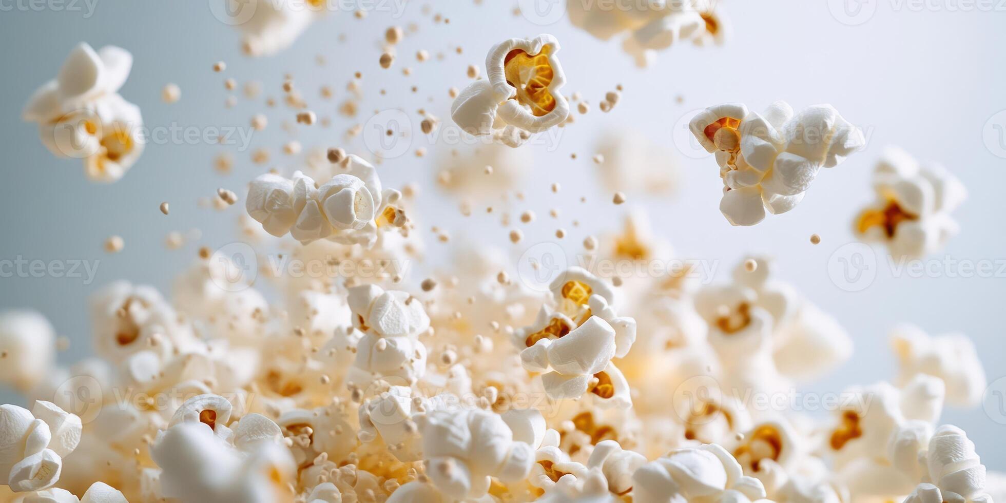 Freshly popped popcorn bursting into the air in a light setting during a movie night photo