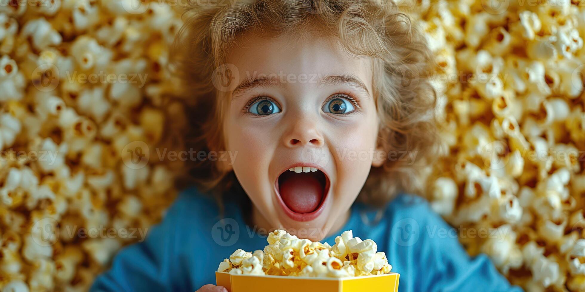 Excited child enjoying popcorn surrounded by a sea of popcorn at a fun gathering venue photo