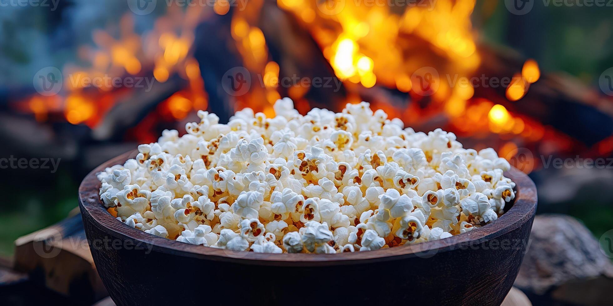 Enjoying freshly popped popcorn by the crackling campfire during an evening gathering with friends photo
