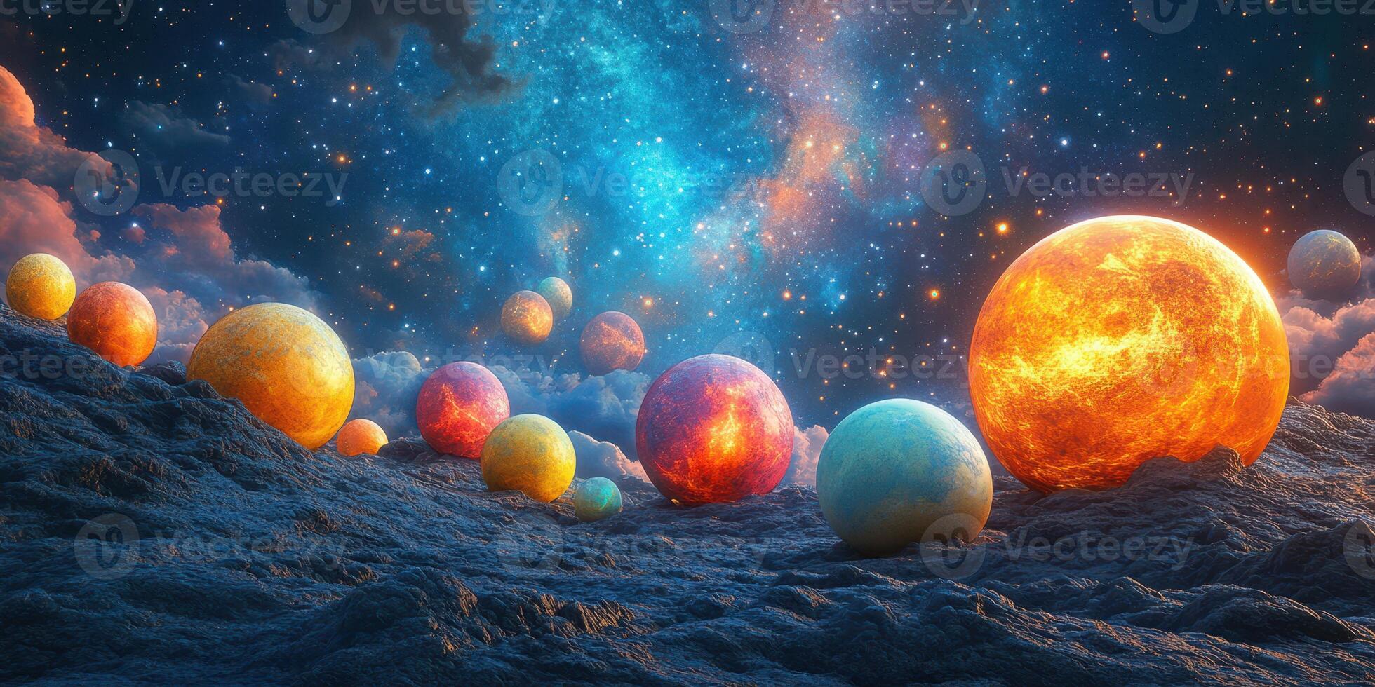 Colorful celestial bodies float in a vibrant cosmic landscape with dramatic clouds and stars photo