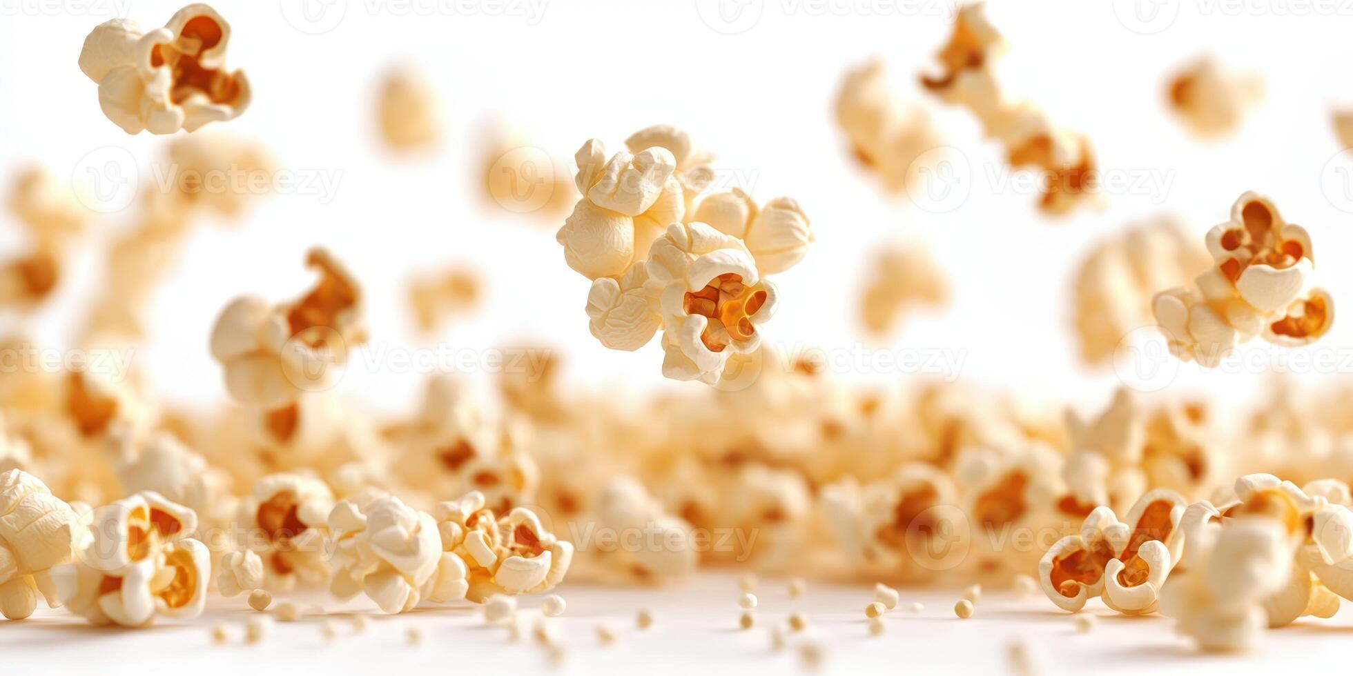Airborne popcorn bursts scattered against a light background during a fun movie night at home photo
