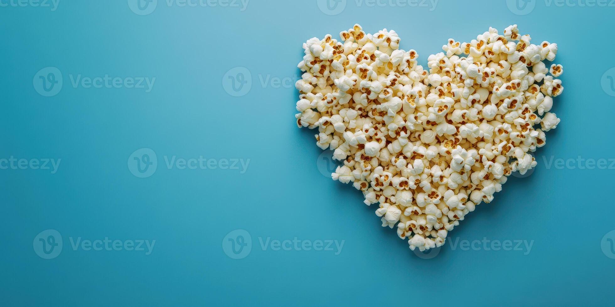 Heart-shaped arrangement of popcorn on a blue background creates a playful and inviting atmosphere for movie night photo