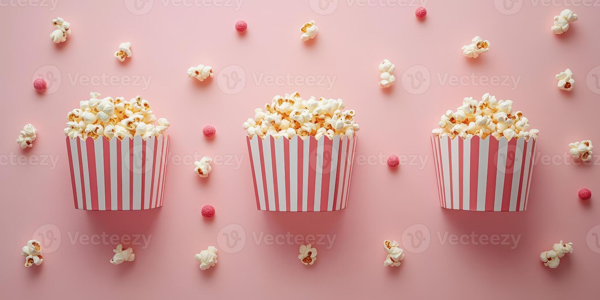 Colorful popcorn containers filled with fluffy popcorn scattered on a pink background photo