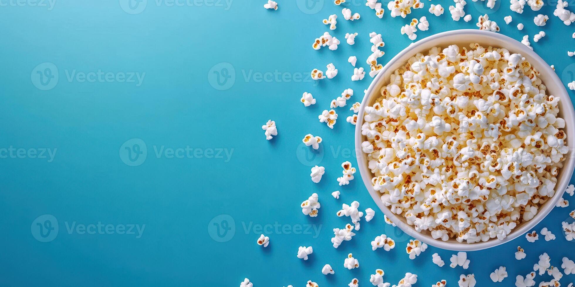 Freshly popped popcorn in a bowl with scattered kernels on a blue background photo