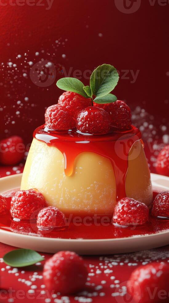 Delicious dessert topped with fresh raspberries and vibrant red glaze on a plate photo