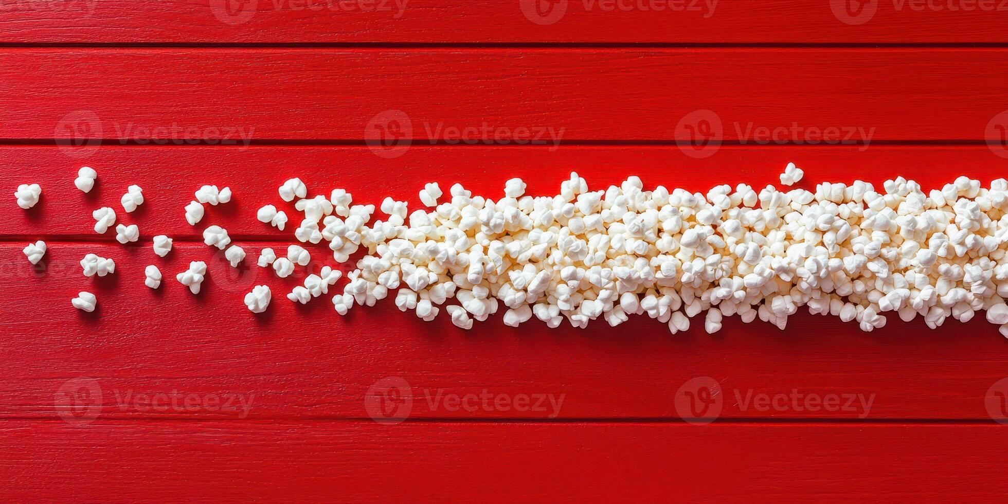 Popcorn scattered on a bright red wooden surface creating a playful contrast photo