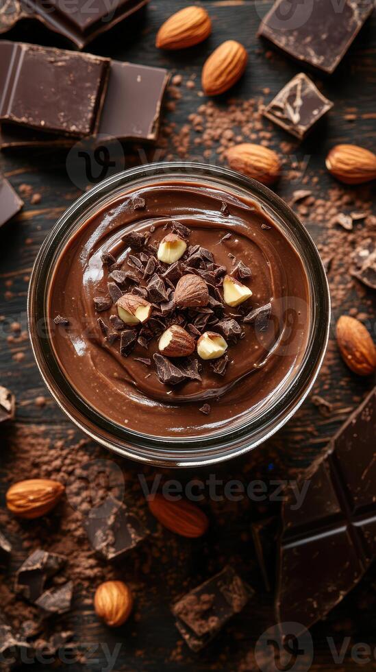 Creamy chocolate mousse topped with nuts and surrounded by chocolate pieces and almonds photo