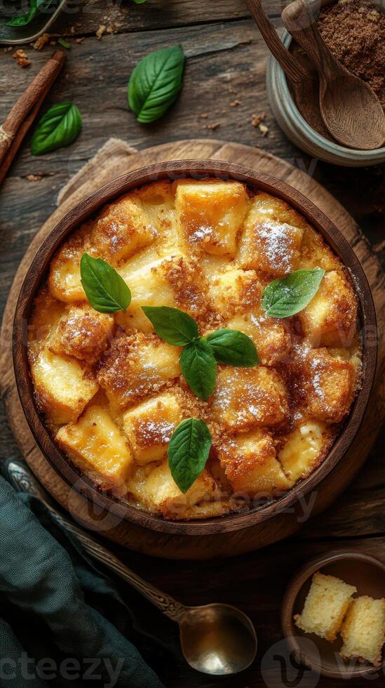 Delicious bread pudding served in a rustic wooden bowl with fresh mint leaves on a rustic wooden table photo