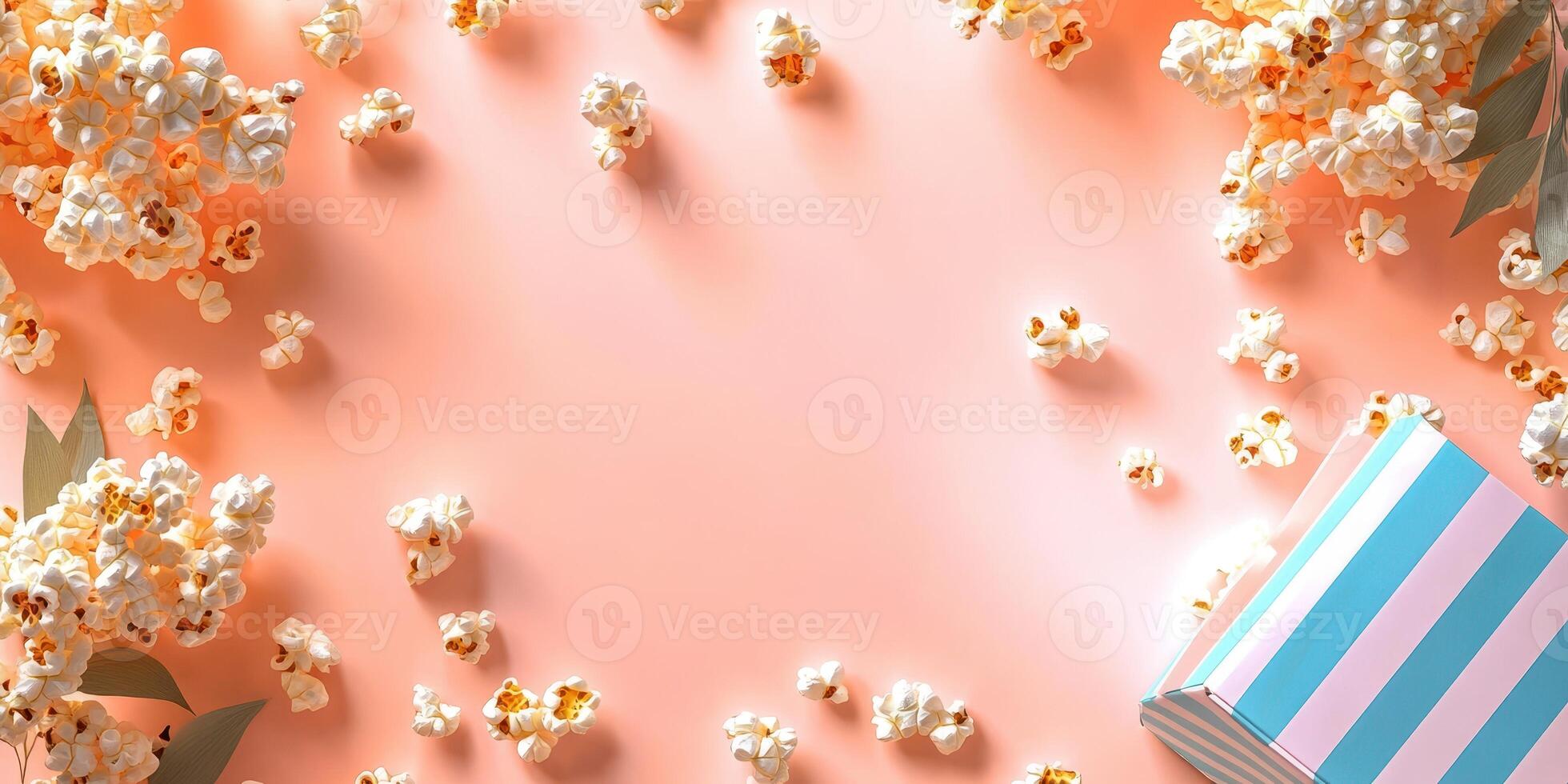 Decorative arrangement of popcorn and a gift box on a pastel background for a celebration or party setting photo